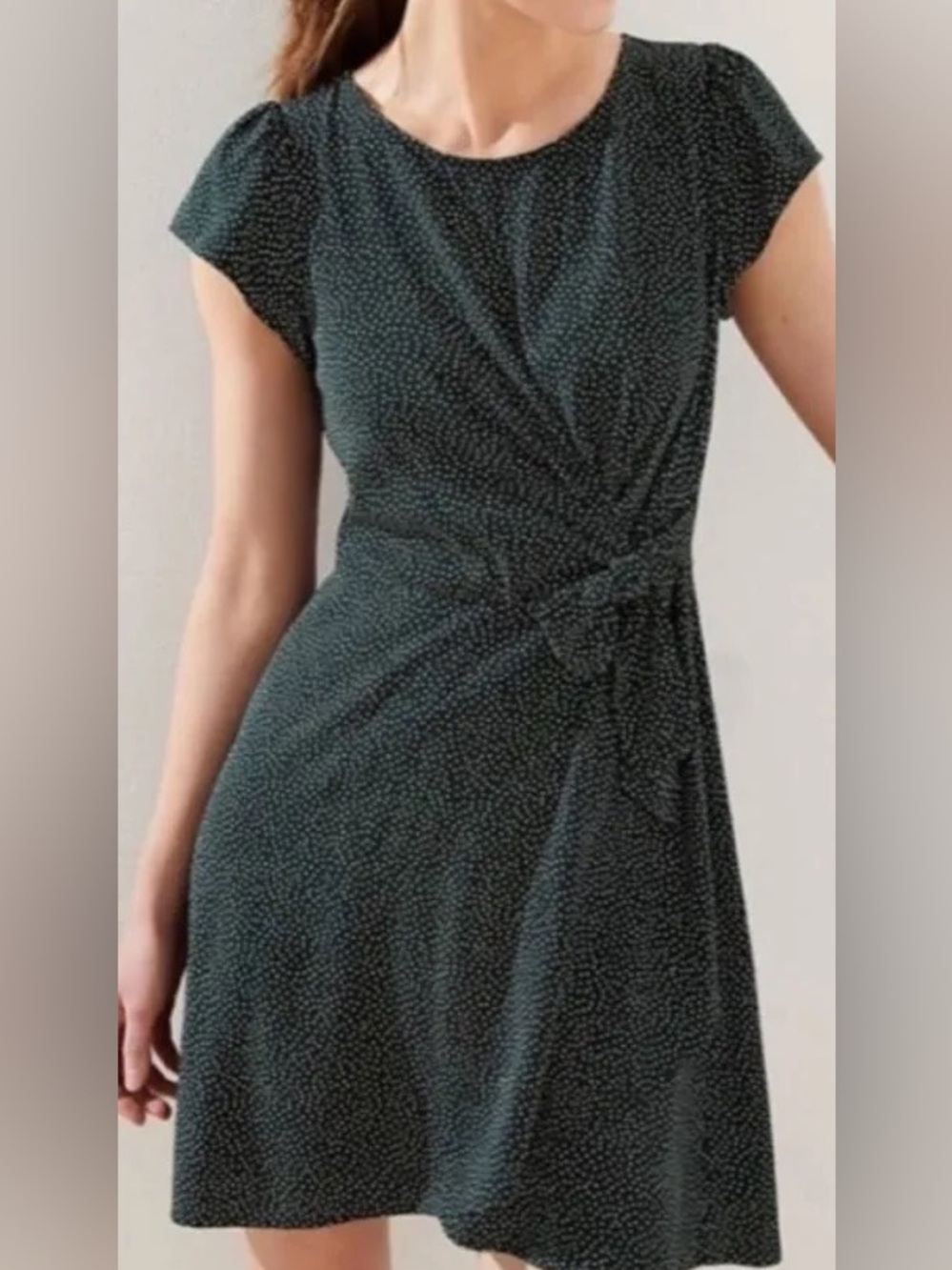 LOFT Petite Dark Green Twist-Detail Cap Sleeve Polka Dot Dress